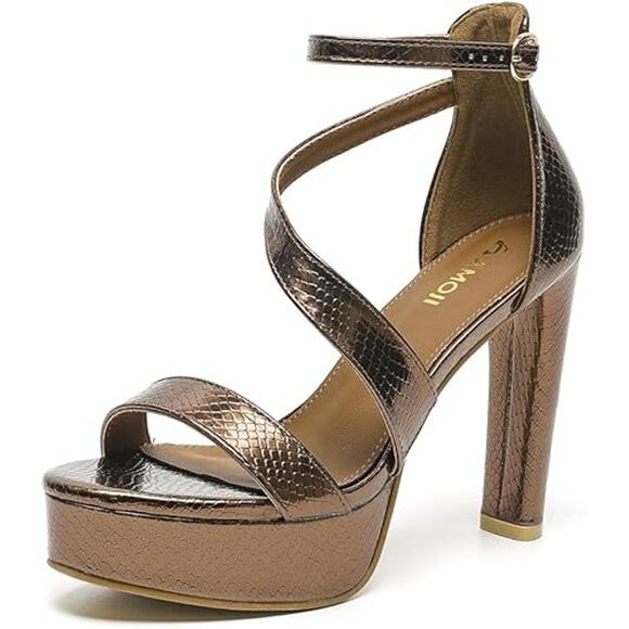 Amoji Womens Size 8 Shiny Copper 4" Block Heels Platform Ankle Strap Sandals - Picture 1 of 6